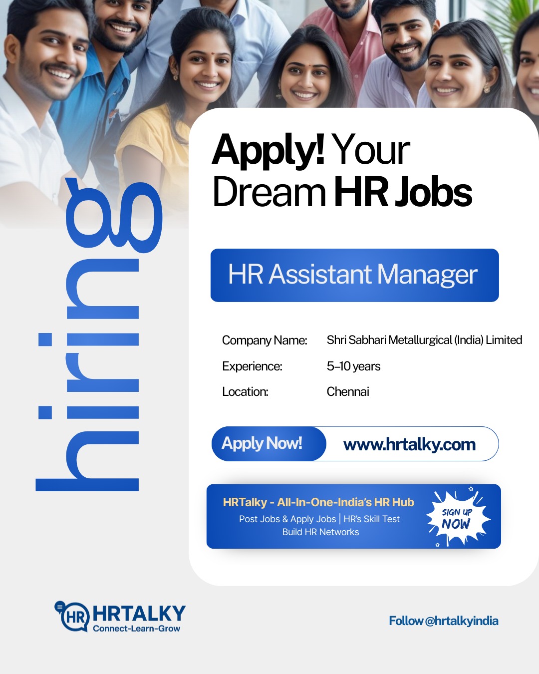 HR Assistant Manager Job in Chennai | Shri Sabhari Metallurgical (India) Limited | Signup on HRTalky