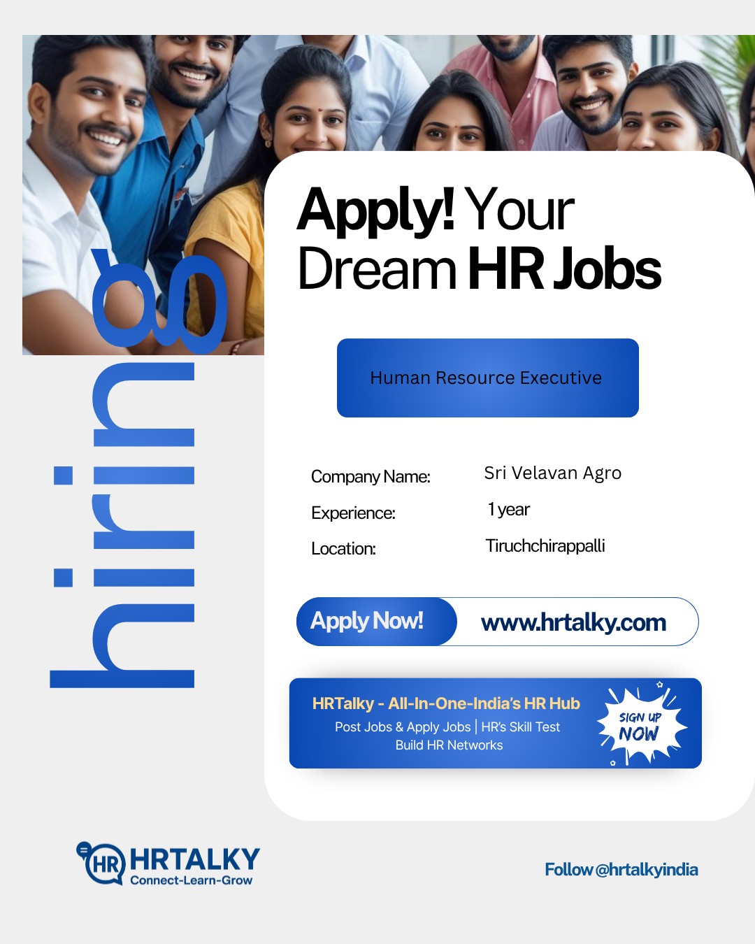 Human Resource Executive Job in Tiruchirapalli | Sri Velavan Agro | Apply on HRTalky.com