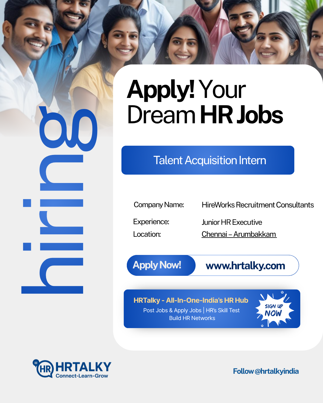 Junior HR Executive Job in Chennai | HireWorks Recruitment Consultants Pvt Lt | Apply on HRTalky.com