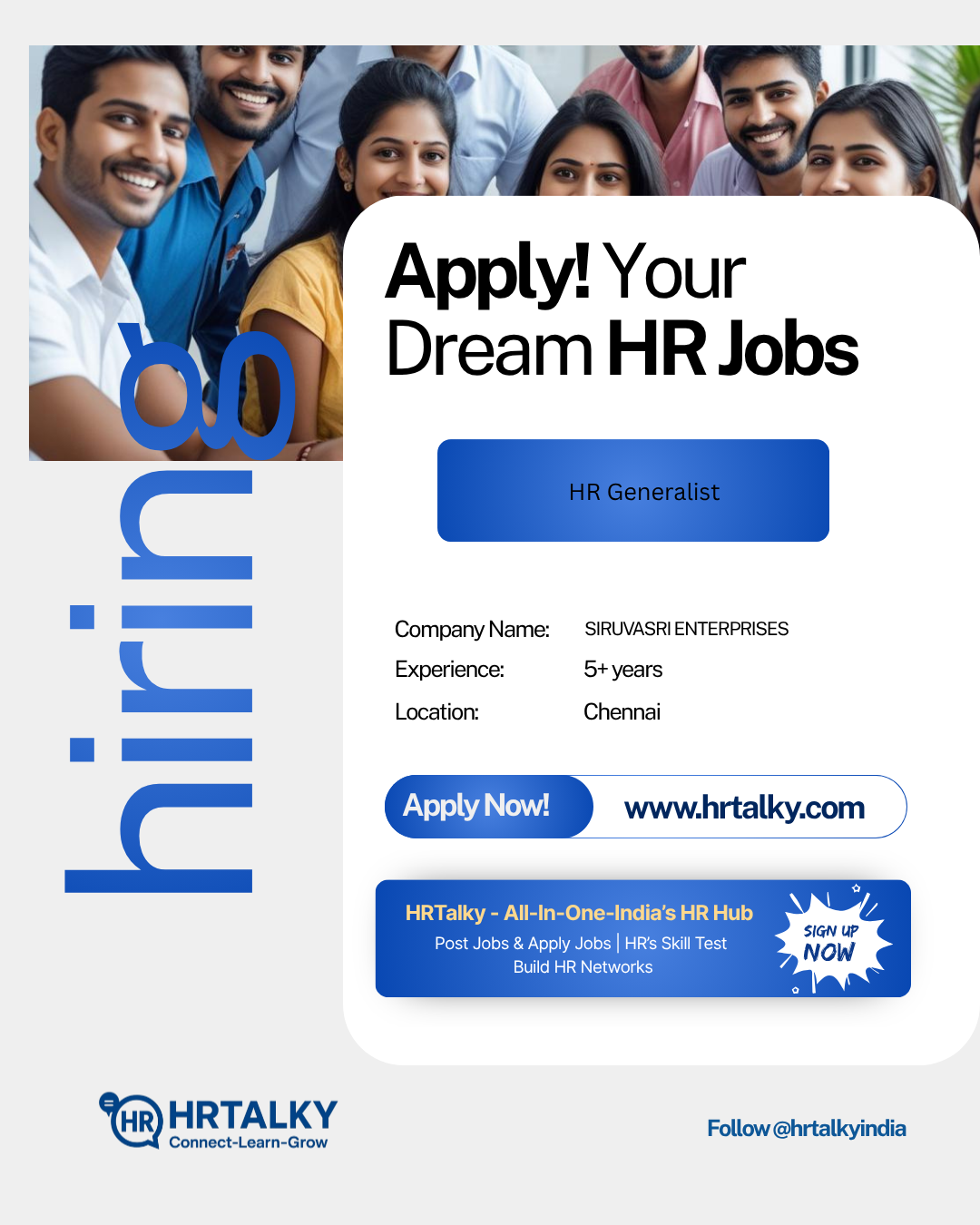 HR Genralist Job in chennai | SIRUVASRI ENTERPRISES | Apply on HRTalky.com