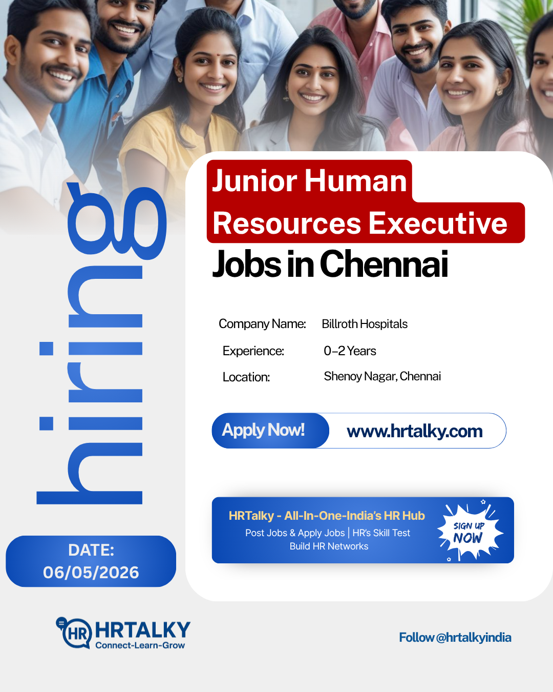 Junior HR Executive – Freshers Job in Chennai|Billroth Hospitals| Apply on HRTalky.com