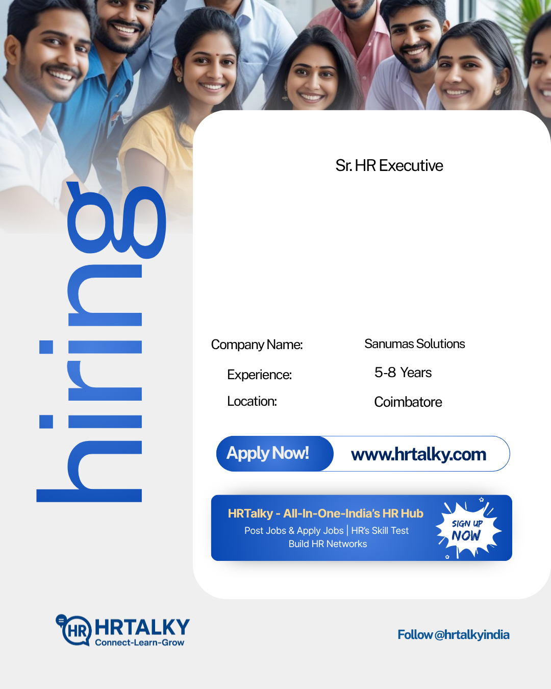 Sr. HR Executive jobs in coimbatore | Sanumas Solutions | Apply on hrtalkys